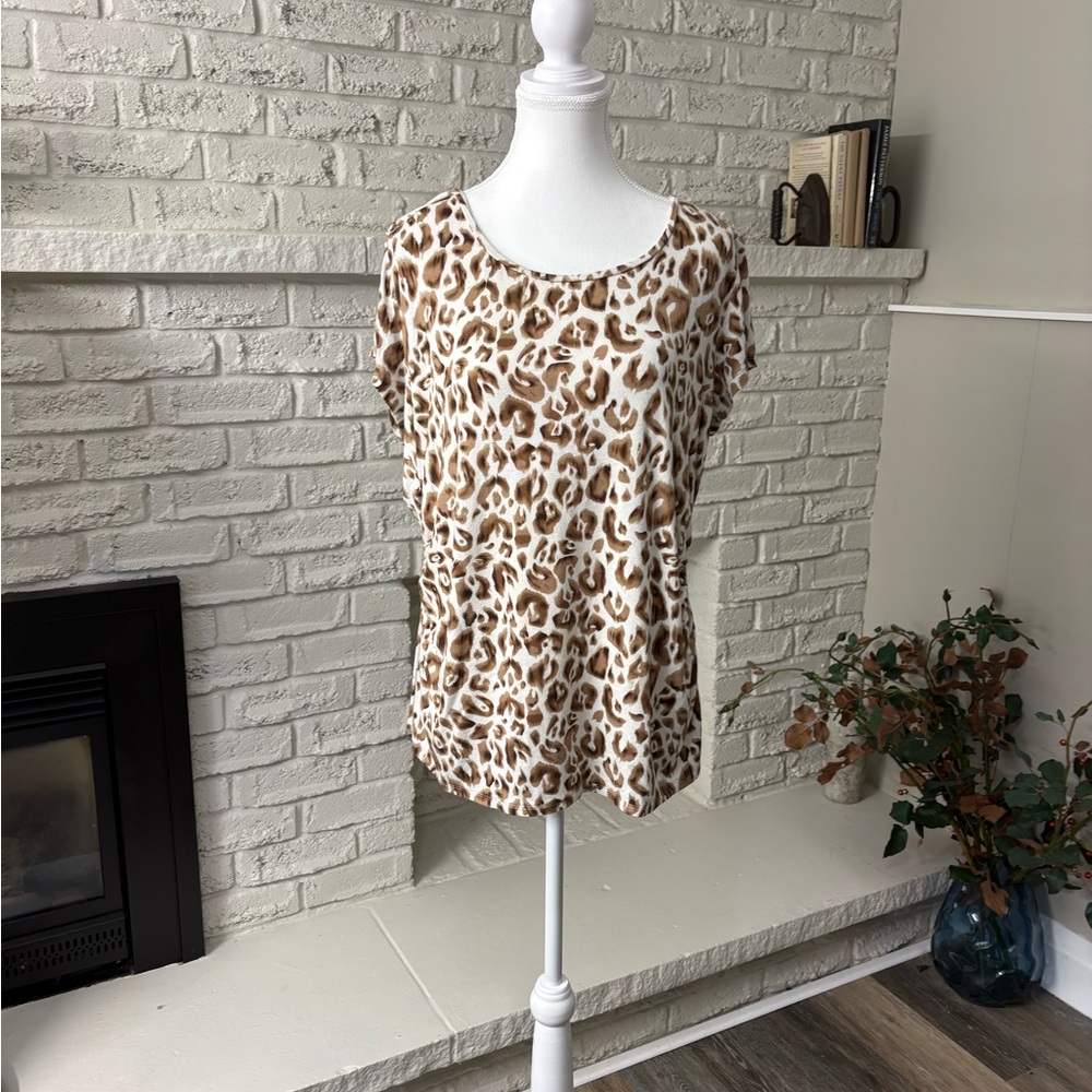 Leopard Print Cap Sleeve Rayon Blend Blouse XL Cozy Stretch Top